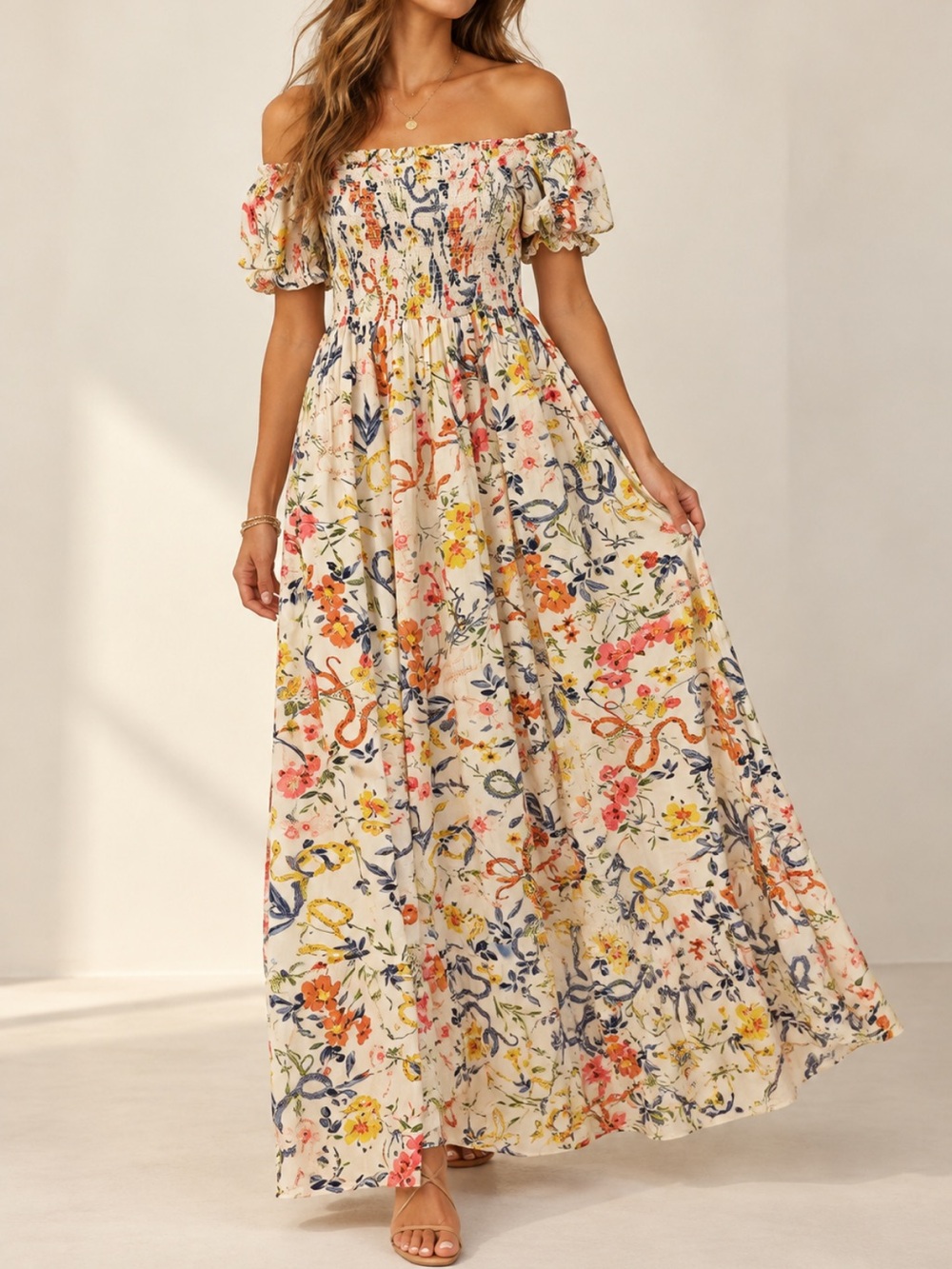 Aqua Cream Floral Smocked Maxi Dress with Yellow, Pink & Navy Accents